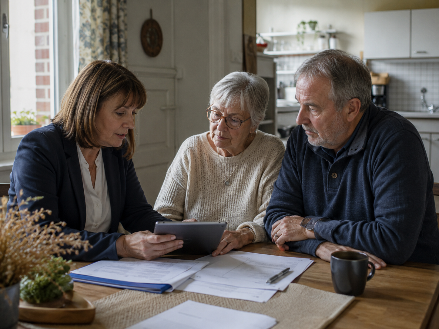 Une conseillère aide un couple de personnes âgées
